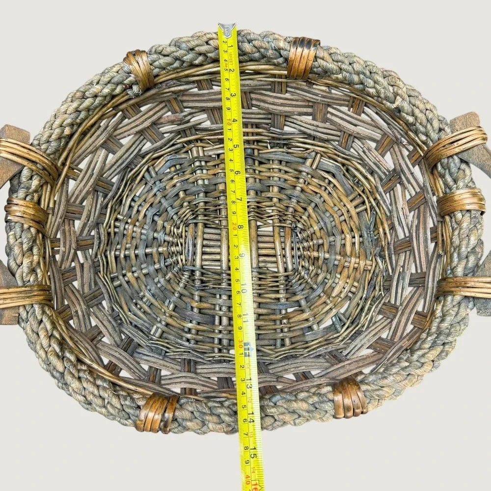 Rustic Woven Wicker Basket with Braided Vine Rim and Wooden Handles Oval Tray